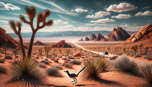 A stunning view of the Mojave Desert featuring the iconic Joshua trees, vast stretches of red sand, and rocky formations under a clear blue sky.