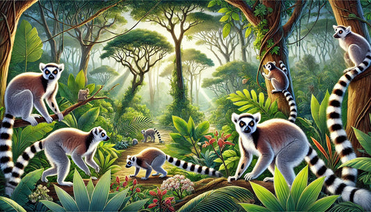 Illustration of several lemurs foraging and playing in a lush tropical forest in Madagascar. The scene includes tall trees, vines, and a variety of plants.
