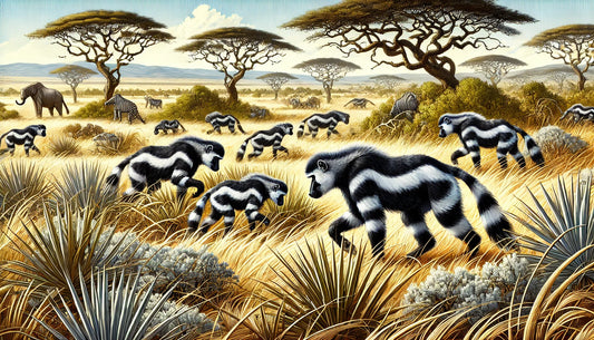 Illustration of several zorillas foraging and exploring in their natural habitat. The scene includes an African savanna with tall grasses, scattered trees, and a clear sky.