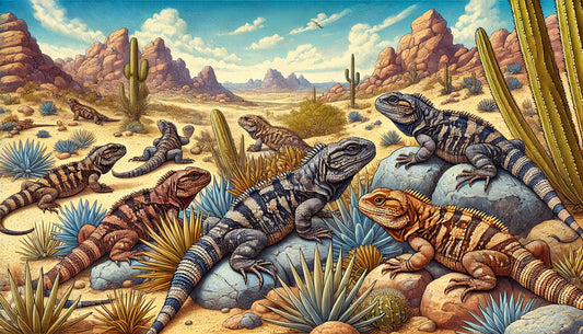 Illustration of several Uromastyx lizards in their natural desert habitat, featuring distinctive spiny tails, robust bodies, and varied coloration.