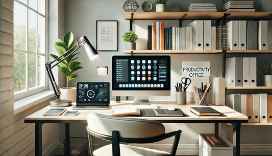 a modern home office setup designed for productivity. This scene captures the essence of a clean, organized, and inviting workspace conducive to focused work.