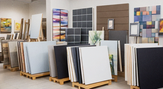 An art supply store showcasing a wide variety of blank canvases in different sizes and shapes, neatly arranged on racks. The background features finished artworks and framed pieces displayed on the walls.