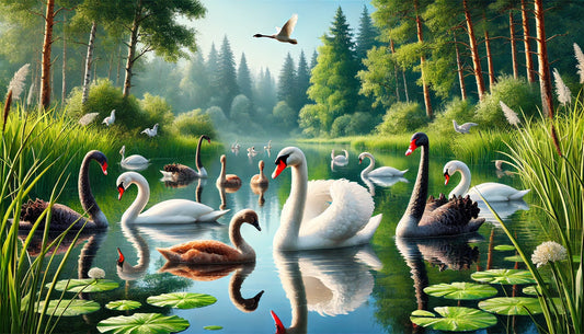 A serene scene of a group of swans swimming gracefully in a calm lake surrounded by lush green vegetation.