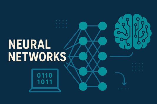 A flat-style digital illustration visually representing neural networks, with a central interconnected layer of nodes symbolizing a neural network, a stylized brain to the right, binary code on a laptop below, and arrows showing the flow of information.
