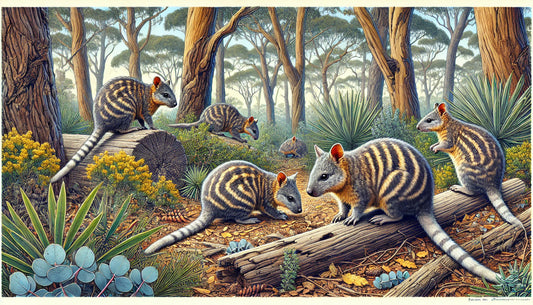 Illustration of several numbats in their natural woodland habitat, foraging on the forest floor surrounded by eucalyptus trees, fallen logs, and leaf litter.