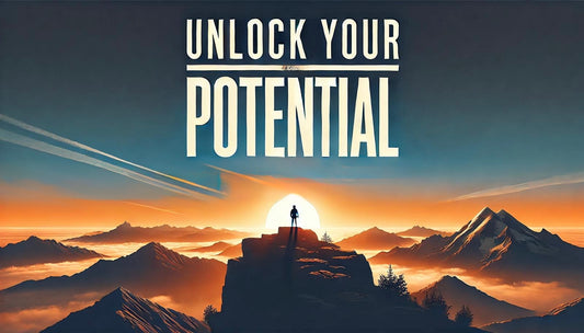 A motivational image showing a person standing on a mountain peak, silhouetted against a glowing sunrise. The text above reads “Unlock Your Potential” in bold, large letters