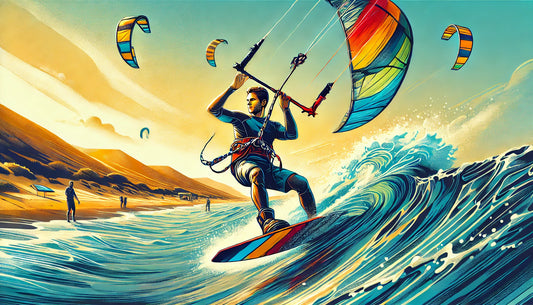 A vibrant and dynamic illustration of a kite surfer riding across the water, showcasing the thrill and skill involved in kite surfing.