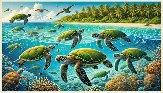 Illustration of several Olive Ridley turtles in their natural marine habitat. The scene includes turtles swimming in the ocean and a few coming ashore on a sandy beach for nesting.