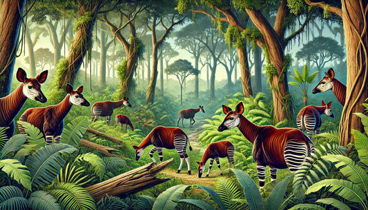 Illustration of several okapis foraging and resting in their natural rainforest habitat in the Democratic Republic of Congo. The scene includes tall trees, vines, and a variety of lush vegetation.
