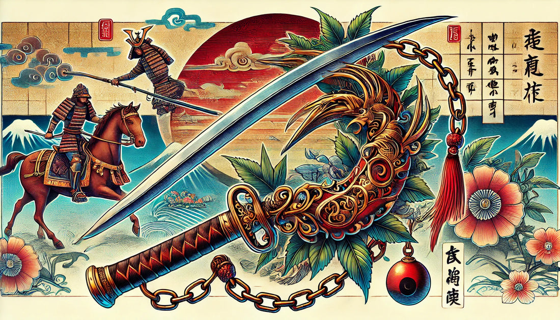 A detailed and vibrant illustration of a Kusarigama, the traditional Japanese weapon combining a sickle and a chain. The image showcases the Kusarigama’s curved sickle blade, long chain, and weighted end.