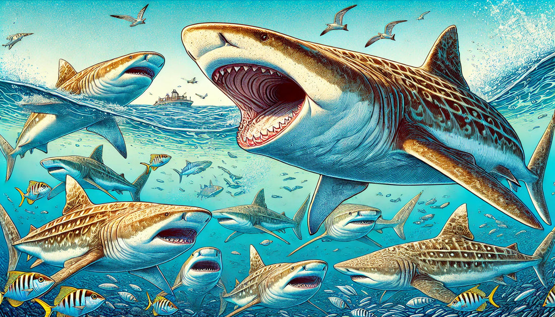 detailed and vibrant illustration of basking sharks in their natural habitat.