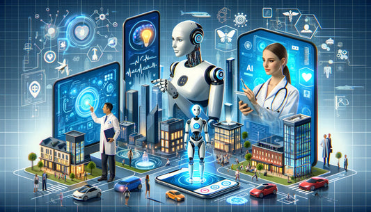 a futuristic scene with various AI technologies: a humanoid robot interacting with a virtual assistant on a screen, a healthcare professional using an AI diagnostic tool, and a creative artist using an AI tool to create digital art.