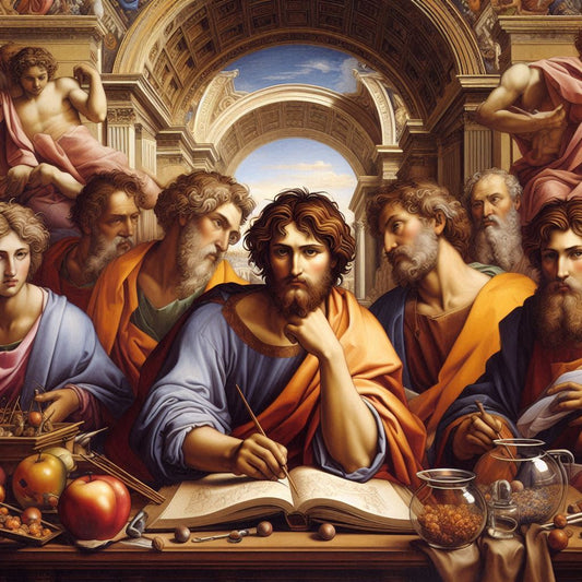 A detailed and vibrant painting inspired by "The School of Athens" by Raphael, featuring an assembly of great philosophers and scientists.