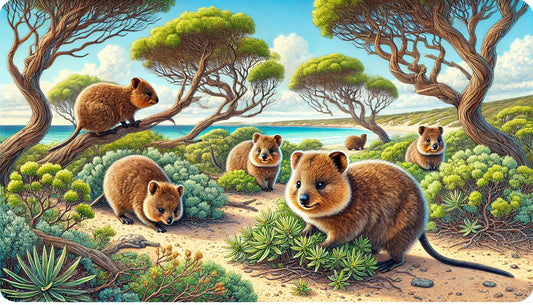Illustration of several quokkas foraging and interacting in their natural habitat on Rottnest Island. The scene includes coastal shrubland with sandy soil, sparse vegetation, clear blue skies, and distant ocean views.