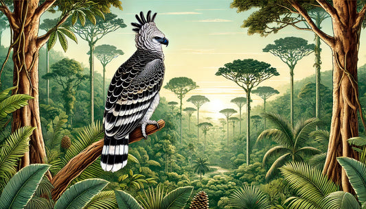 Illustration of a harpy eagle perched high in the canopy of a tall tree in its natural rainforest habitat. The scene includes dense foliage, other tall trees, and a clear sky.