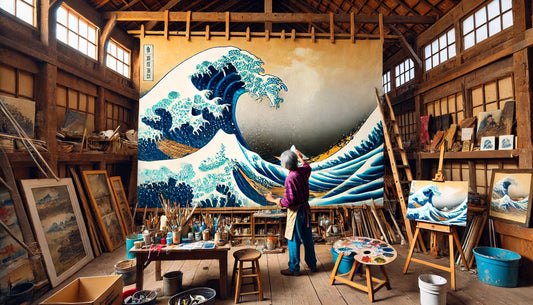 An artist painting a detailed version of Katsushika Hokusai’s “The Great Wave off Kanagawa” on a large wall inside a rustic barn.