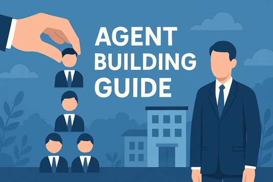 A digital illustration titled “Agent Building Guide” featuring a clean blue background with abstract cloud shapes and plant silhouettes.