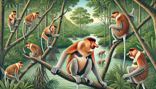 Illustration of several proboscis monkeys in their natural mangrove forest habitat, climbing trees and foraging. The scene features lush green mangrove trees, rivers, and dense vegetation typical of Borneo.