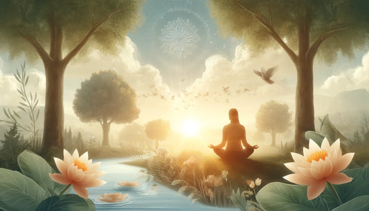 a serene scene of mindfulness and meditation, highlighting the benefits for mental health.