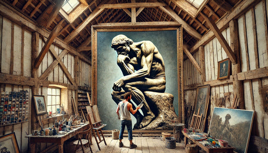 An artist painting a detailed version of Auguste Rodin’s “The Thinker” on a large wall inside a rustic barn.