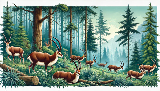 Illustration of several saolas grazing and resting in their natural habitat. The scene includes a dense evergreen forest with thick undergrowth, tall trees, and a cool, misty atmosphere.