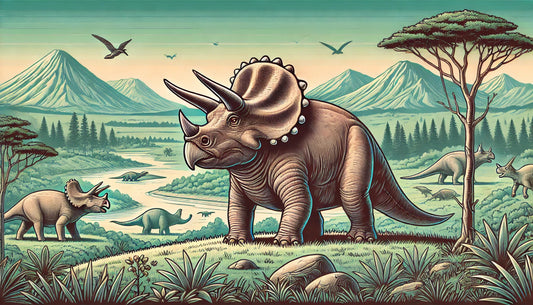 illustration of a Triceratops standing in a prehistoric landscape. The scene captures the majestic Triceratops with its distinctive horns and large frill in a lush environment
