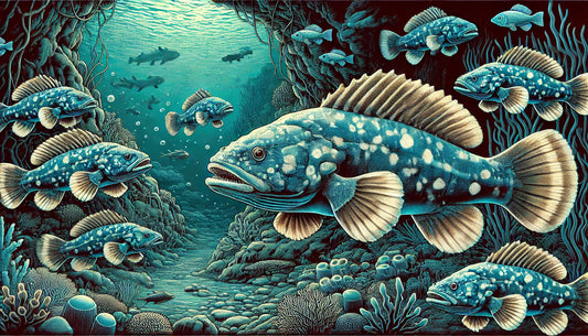 Illustration of several coelacanths swimming near a rocky underwater cave in their natural deep-sea habitat. The scene includes a dark, murky underwater environment with deep-sea vegetation and other marine life.