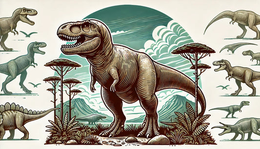 illustration of a Tyrannosaurus Rex standing in a prehistoric landscape. The T. rex is depicted with its characteristic features in a lush forest environment.