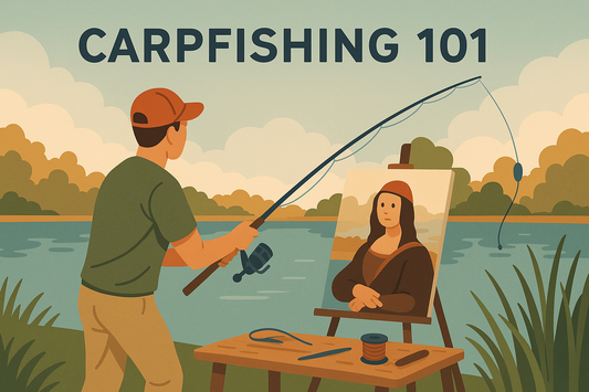 A digital illustration titled “Carpfishing 101” depicting a fisherman casting his rod into a calm lake at dusk. The scene features a peaceful landscape with reeds, trees, and still water reflecting the soft evening sky.