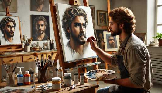 An artist painting a portrait in a well-lit studio. The artist is focused, holding a brush and palette, and working on a canvas mounted on an easel.