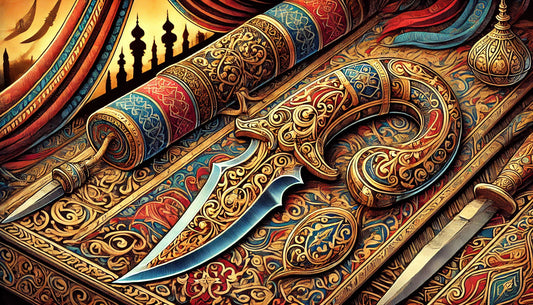 A detailed and vibrant illustration of a Haladie, the traditional Indian double-edged dagger. The image showcases the Haladie’s distinctive dual curved blades, central handle, and intricate gold inlay and engravings.