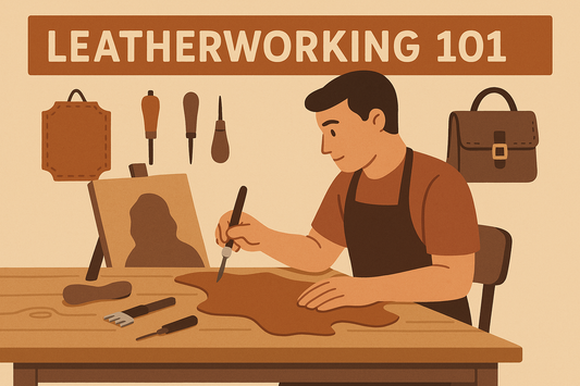 The craftsman is seated, carefully working on a piece of leather, embodying the hands-on nature of traditional leathercraft in a tutorial setting titled “Leatherworking 101.
