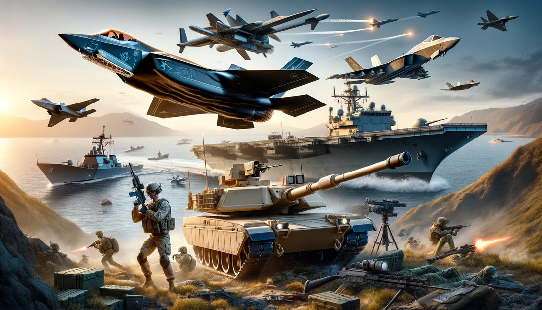 landscape image showcasing a variety of modern weapons, capturing the advanced technology and power of these military assets.