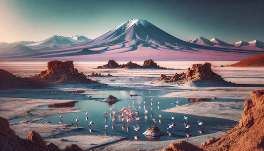 A stunning view of the Atacama Desert featuring vast salt flats, rocky formations, and distant mountains under a clear blue sky.