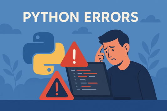 A digital illustration titled “Python Errors” with bold white text at the top of a blue gradient background featuring soft cloud and leaf patterns. The center of the image shows the Python logo next to a red warning triangle.