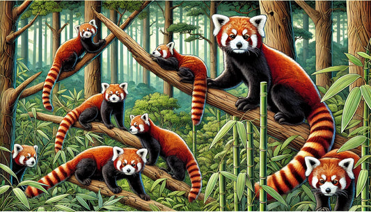 Illustration of several red pandas climbing and resting in their natural habitat. The scene includes a temperate forest with dense bamboo undergrowth, tall trees, and lush green vegetation.