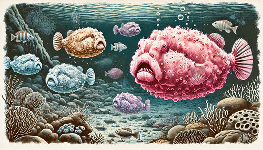 Illustration of several blobfish floating just above the seafloor in their natural deep-sea habitat. The scene includes a dark, murky underwater environment with some deep-sea vegetation and other marine life.