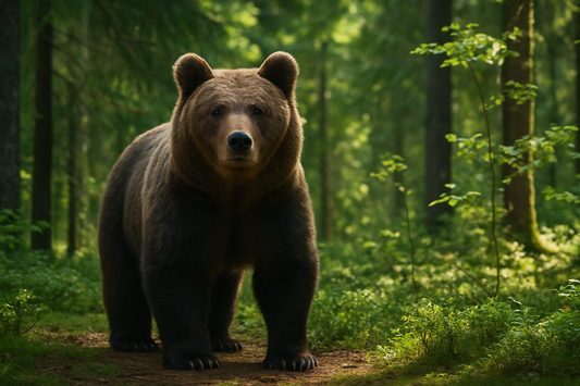 Brown bear standing alert in a forest habitat with sunlight through trees – showcasing the bear’s natural environment