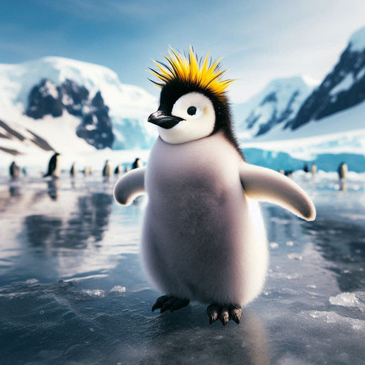 a cute, fluffy penguin chick standing on ice in an Antarctic landscape. The chick has a unique, bright yellow and black spiky crest on its head, adding a touch of character and charm.