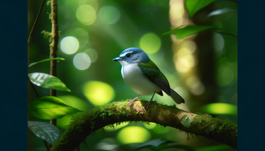 A Blue-headed Vireo perched on a tree branch in a lush woodland. The bird has a blue-gray head with striking white spectacles around its eyes, olive-green upperparts, and white underparts.