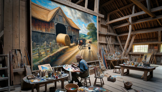 An artist painting a detailed version of John Constable’s “The Hay Wain” on a large wall inside a rustic barn.