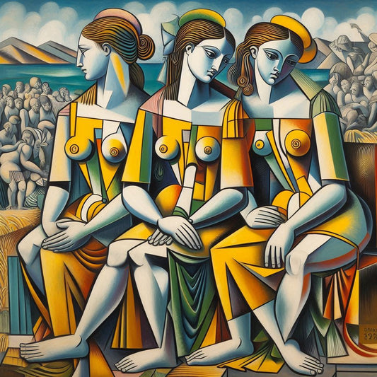 A detailed painting inspired by Pablo Picasso’s “Les Demoiselles d’Avignon,” featuring three abstracted female figures with geometric forms and vibrant colors.