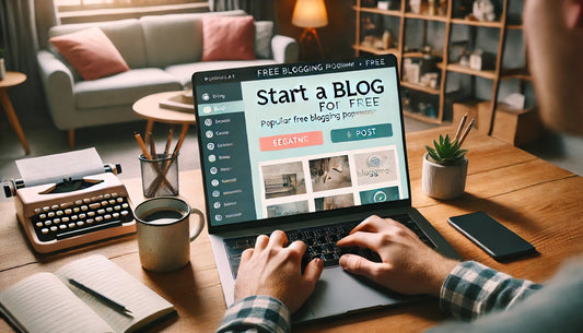 A person starting a blog for free on a laptop. The screen displays a popular free blogging platform’s interface with sections for creating and customizing posts.