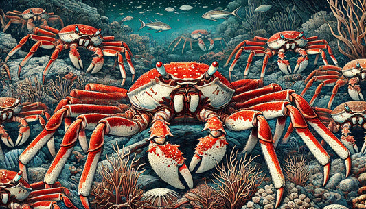 Illustration of several Japanese spider crabs in their natural deep-sea habitat. The scene includes long, spindly legs and large bodies of the crabs on a rocky ocean floor, surrounded by various marine life and seaweeds.