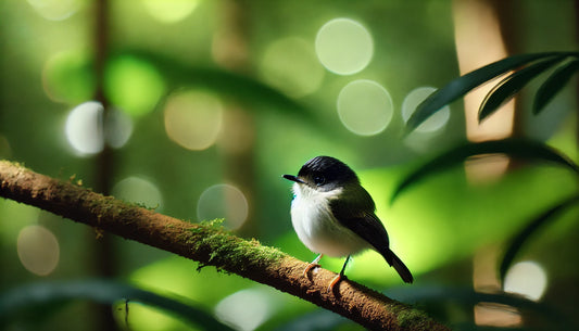 A Black-capped Pygmy Tyrant perched on a thin branch in a lush tropical rainforest. The bird is very small, with olive-green upperparts, whitish underparts, and a distinct black cap on its head.