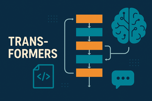 A flat-style digital illustration features visual elements representing transformers in machine learning, with stacked alternating orange and teal layers symbolizing the transformer architecture, connected by arrows.