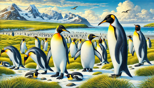 Illustration of several King Penguins in their natural sub-Antarctic habitat, featuring distinctive black and white plumage, orange-yellow patches, and large size.