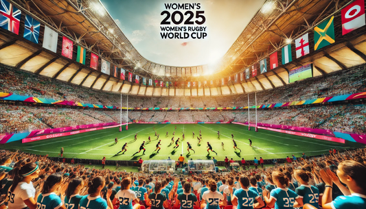 a vibrant stadium packed with spectators, with flags from various countries displayed around the upper perimeter, representing the global diversity of the 2025 Women’s Rugby World Cup.