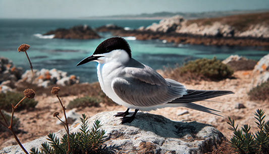 A Bridled Tern in its natural habitat. The bird is medium-sized with a black cap, white forehead, white underbelly, and grayish-brown back and wings.