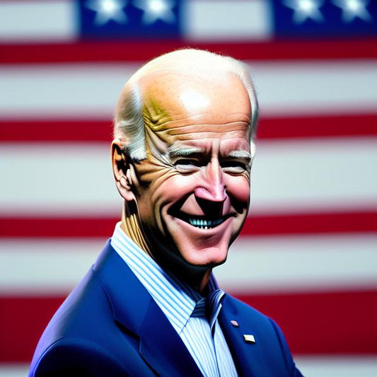A realistic portrait of a man resembling Joe Biden, wearing a dark suit and light blue shirt, smiling confidently.